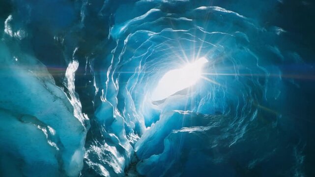 Mesmerizing Blue Ice Cave Tunnel with Bright Light at the End.
