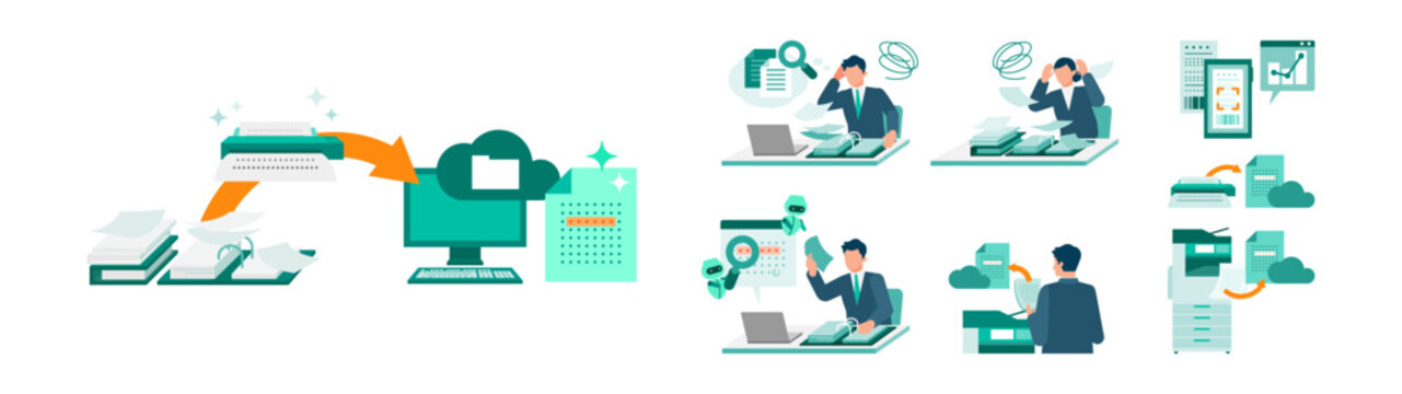 OCR document scanning solution set using scanner, multifunction printer and mobile phone for paperless workflow, text recognition, automation and digital transformation in business office