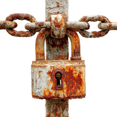 Lockdown & Rusty Symbol: A close-up shot of a rusty lock secured to a metal post with a chain. The image is full of textures that represent decay, constraint, or a sense of history.