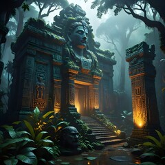 A dark ancient, overgrown temple, deep in the forest.