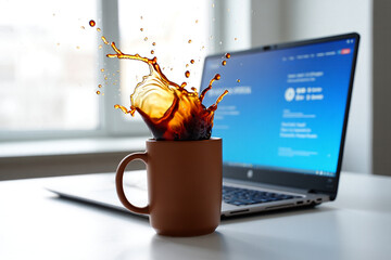 Coffee splash from brown ceramic mug in front of open laptop on white desk for mockup or advertising, overlay effect