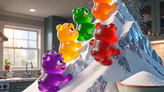 Surreal Fantasy World with Giant Gummy Bears Climbing a Rainbow Sugar Mountain