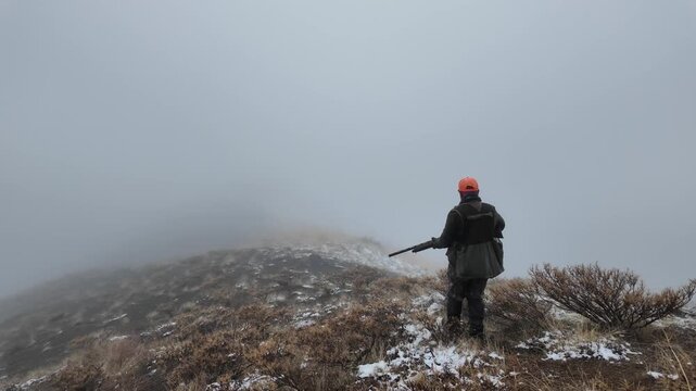 Rear view of a hunter carrying a rifle while walking through a foggy, snowy natural landscape. Represents hunting, wilderness, rural life, outdoor activity, and survival atmosphere.