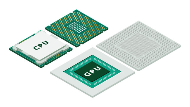 Isometric CPU and GPU Architecture Diagram Showing Parallel Processing Structure, AI Computing Integration and System Design
