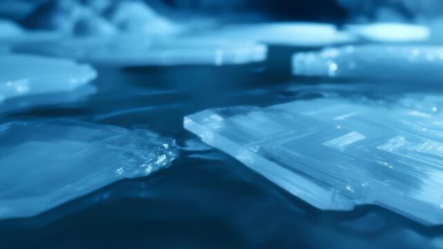 Close Up of Ice Crystals Forming on Surface in Blue Light