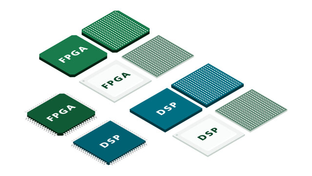 Isometric FPGA and DSP Architecture Diagram Showing Programmable Logic, Signal Processing Structure and Hardware Acceleration Design