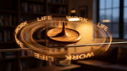 Obraz premium Spinning wooden top blurs between work and life in warm home study lighting, symbolizing balance and motion with cozy bookshelf background and reflective surface