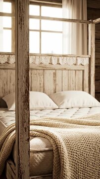 A cozy and inviting rustic bedroom features a weathered wooden four-poster bed bathed in warm morning light, evoking a sense of peace and comfort.