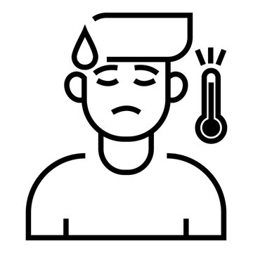 Outline icon showing an unwell person with sweat drop and thermometer, representing illness, fever, exhaustion, or health warning concept.