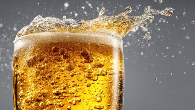 Refreshing golden beverage with a vigorous splash, capturing effervescence and foam