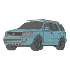 A detailed illustration of a rugged, off-road vehicle with a distinctive blue color and various accessories