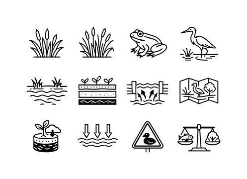 Wetland Restoration. Line outline icon set of Wetland Restoration: marsh plants, reeds, frog, water bird,