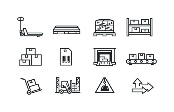 Warehouse material handling. Line outline icon set of Warehouse material handling: pallet jack, wooden pallet,