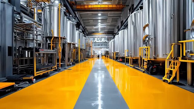 Industrial brewery with large stainless steel fermentation tanks and yellow safety floor walkway in bright high-tech food production art.