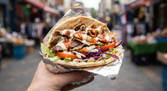 A hand holds a delectable street food kebab, brimming with succulent grilled meat, crisp salad, fresh vegetables, and savory sauce, against a bustling urban background