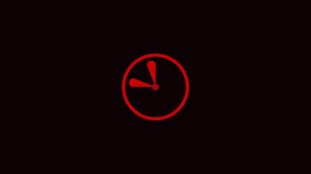 Glowing Red Minimalist Clock Animation: Seamless Loop of Neon Analog Hands Rotating on Dark Background for Time Management and Deadline Concepts