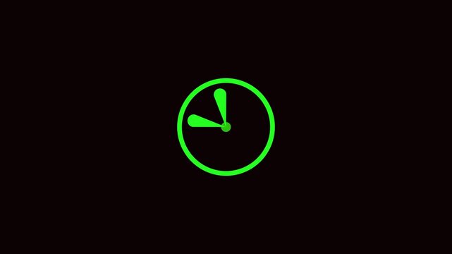 Glowing Green Minimalist Clock Animation: Seamless Loop of Neon Analog Hands Rotating on Dark Background for Time Management and Deadline Concepts