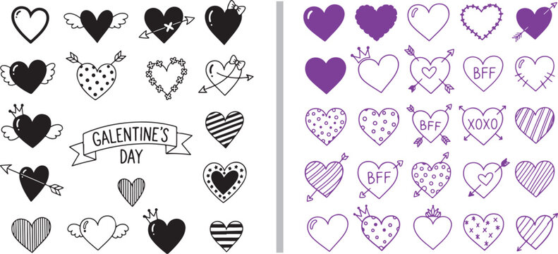 A diverse collection of heart-themed vector icons in black and purple. Includes winged hearts, patterned hearts, arrows, crowns, and banners with "Galentine&rsquo;s Day," "BFF," and "XOXO" text.