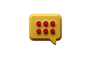 Vibrant 3D yellow speech bubble icon with red dots modern digital chat on transparent background