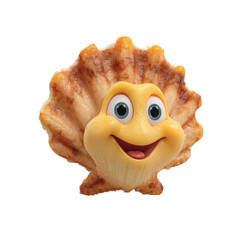 Smiling Seashell Character: A charming and cheerful cartoon seashell character with a wide, friendly grin and bright eyes, radiating joy and positivity.
