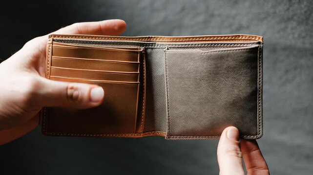 Hand holding open empty brown leather wallet against dark background, symbolizing financial hardship, debt, cashless struggle, budgeting problems and economic downturn, close up top view