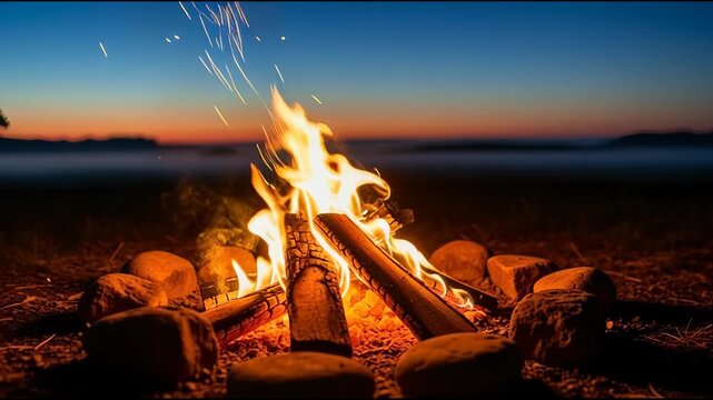 Campfire burning brightly at dusk with glowing flames and sparks
