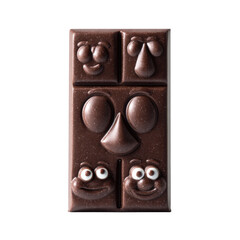 Chocolate Bar of Expressions: A close-up shot presents a delightful chocolate bar adorned with a collection of expressive faces, a sweet treat showcasing the joy of edible art.