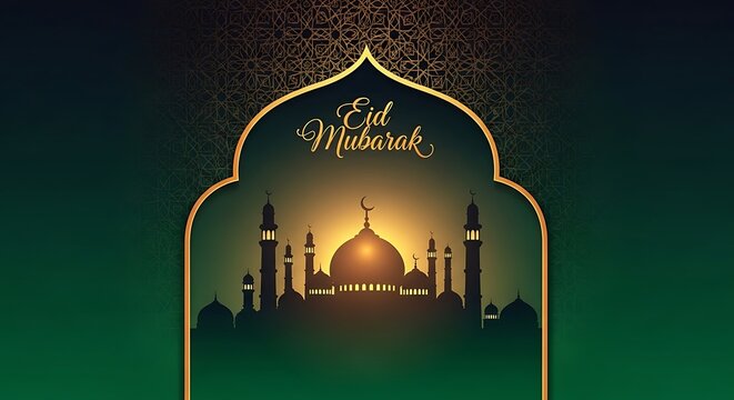 Ornate Islamic arch frames a glowing mosque silhouette against a dark green gradient background for Eid Mubarak.