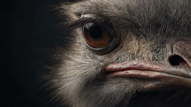 Extreme macro close-up of an ostrich eye with dramatic rim lighting, detailed bird feathers and orange iris, wildlife