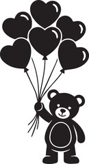 Naklejka premium Black silhouette teddy bear holding heart balloons vector illustration