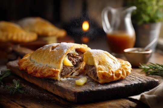 Savory pastry dish: Cornish pasty with flaky crust and hearty filling