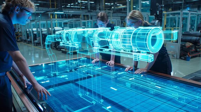 Engineers collaborating on a futuristic interactive holographic display, analyzing a complex engine blueprint using advanced virtual reality design technology in a modern manufacturing facility