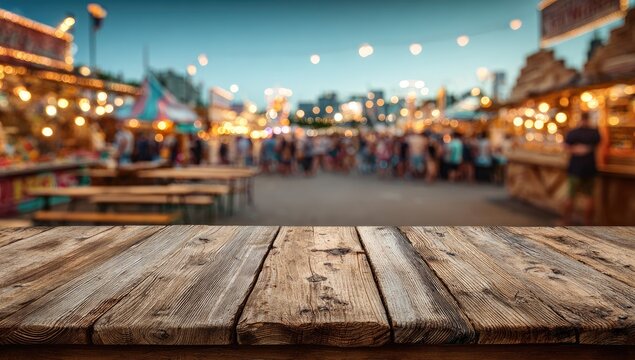 Rustic wooden tabletop in foreground, bustling fairground with illuminated stalls blurred behind