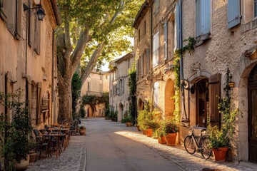 Fototapeta premium Shaded tree lined street in the historic town of Saint-Remy-de-Provence, cobblestone lane with warm Provencal light