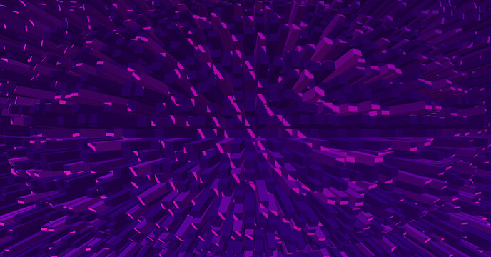 Abstract 3D purple blocks forming spherical waveform. Futuristic digital background, tech visualization, data tunnel, cyber grid, neon geometric pattern.