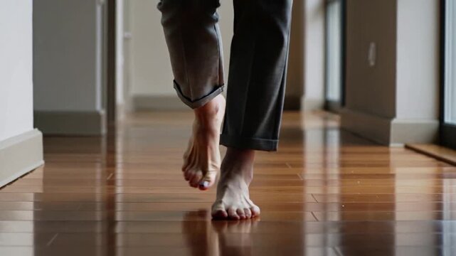 unrecognizable woman Walking barefoot on wooden floor 