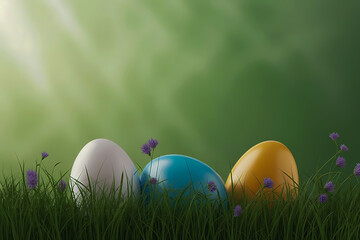 Fototapeta premium Three large colorful easter eggs hidden in tall green grass with light