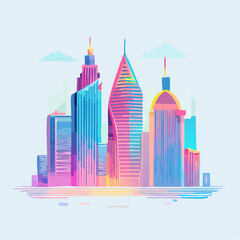 Obraz premium Vibrant Cityscape illustration featuring modern skyscrapers with a colorful, abstract design