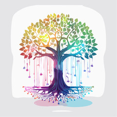 Naklejka premium Vibrant Rainbow Tree of Life Illustration Symbolizing Connection, Growth, and Harmony