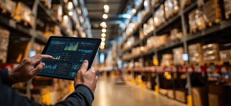 Person uses tablet with charts in a large, organized warehouse