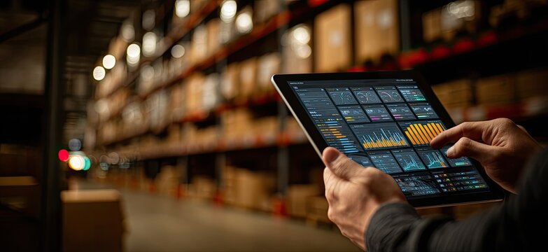 Hand holding tablet displaying warehouse analytics near shelves of boxes