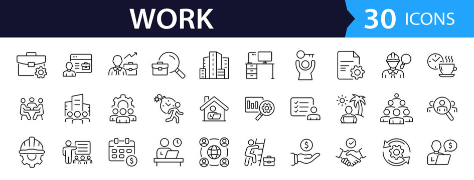Work Web Icon Set in Linear Style. Collection of business, line icons, including management, freelancer, job, goal, teamwork, meeting, career, organization, employment and more. Editable stroke