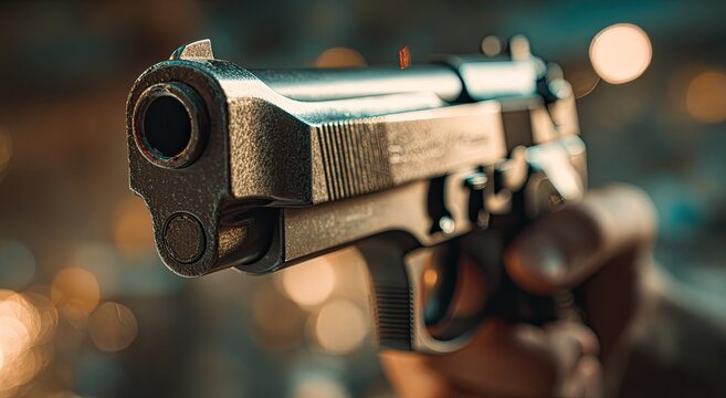 Close-up metallic firearm barrel held forward, out of focus bokeh lights behind