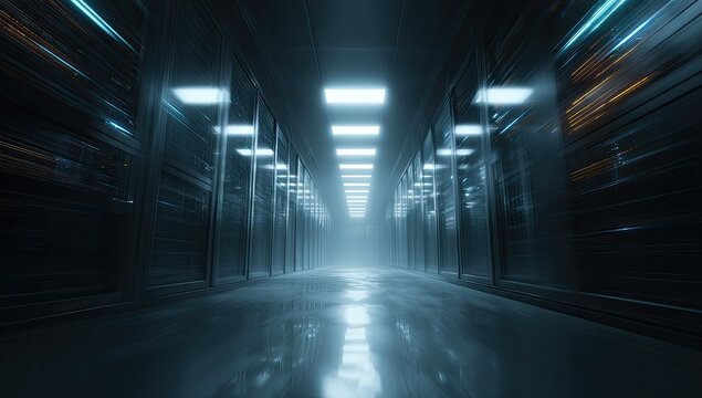 Dimly lit, reflective corridor of servers with glowing blue and orange lights