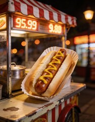Hot dog with mustard, night vendor cart, warm bokeh lights, stock photo look