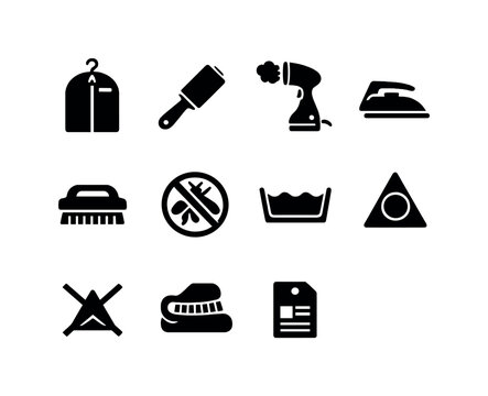 Clothing Care Icons. Clothing Care. Filled icon set of Clothing Care: garment bag, lint roller, steamer, iron,