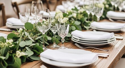 A beautifully set interior dining table with fine china and greenery