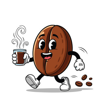 A cheerful coffee bean character is running while holding a steaming cup of coffee high-quality