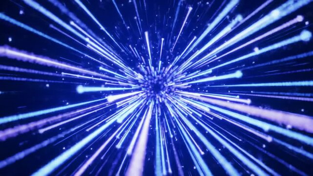 High-speed digital data flow with shimmering blue, purple, magenta light trails forming an infinite tunnel. Smooth forward tracking video with subtle zoom and rotation into a glowing network,