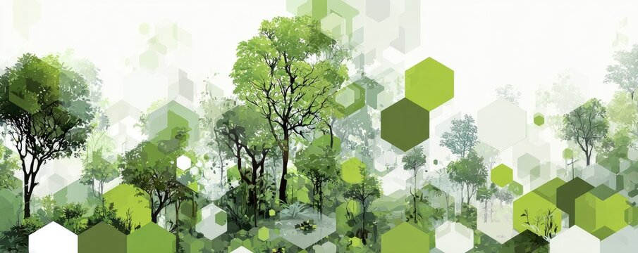 Lush green forest scene with abstract geometric hexagons overlaying the trees